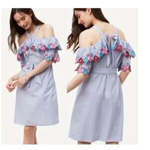 Loft ruffled embroidery off shoulder blue white stiped fiesta halter dress small